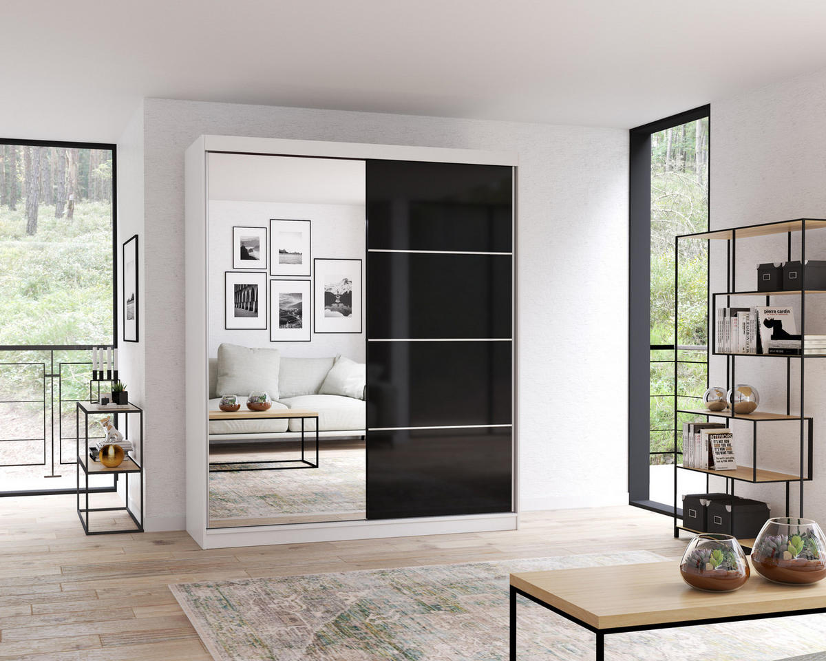 SCHWEBETÜRENSCHRANK Multi 31 Weiß/Schwarz + Spiegel 183 cm - Schwarz/Alufarben, Glas/Holzwerkstoff (183/218/61cm) - imoebel24