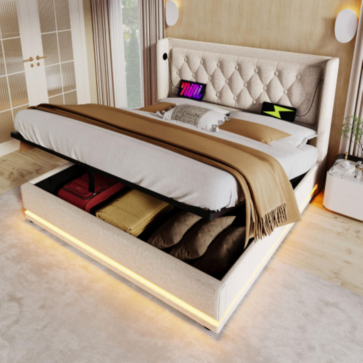 POLSTERBETT 140/200 cm in Beige mit Bettkasten, LED und USB Type-C Stoff - Beige, Holzwerkstoff/Textil (140/200cm) - CHICFURN