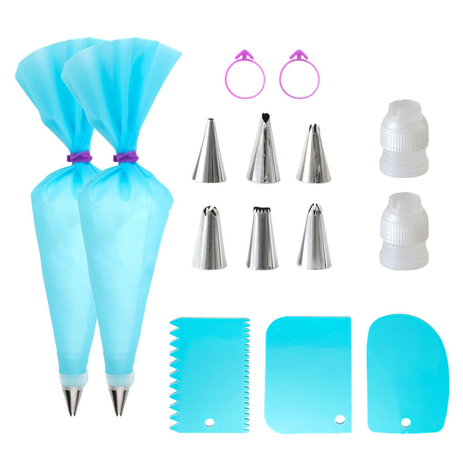 SPRITZBEUTEL Set aus Silikon mit Edelstahl Tüllen (15-tlg) - Blau, Kunststoff (17/1/30.5cm) - Intirilife