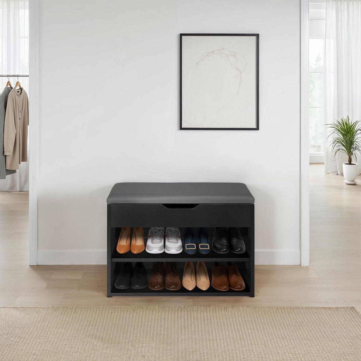 SCHUHBANK Jasmina,60 x 30 x 43,5 cm,schwarz - Schwarz, Holz (30/43.5/60cm) - tectake