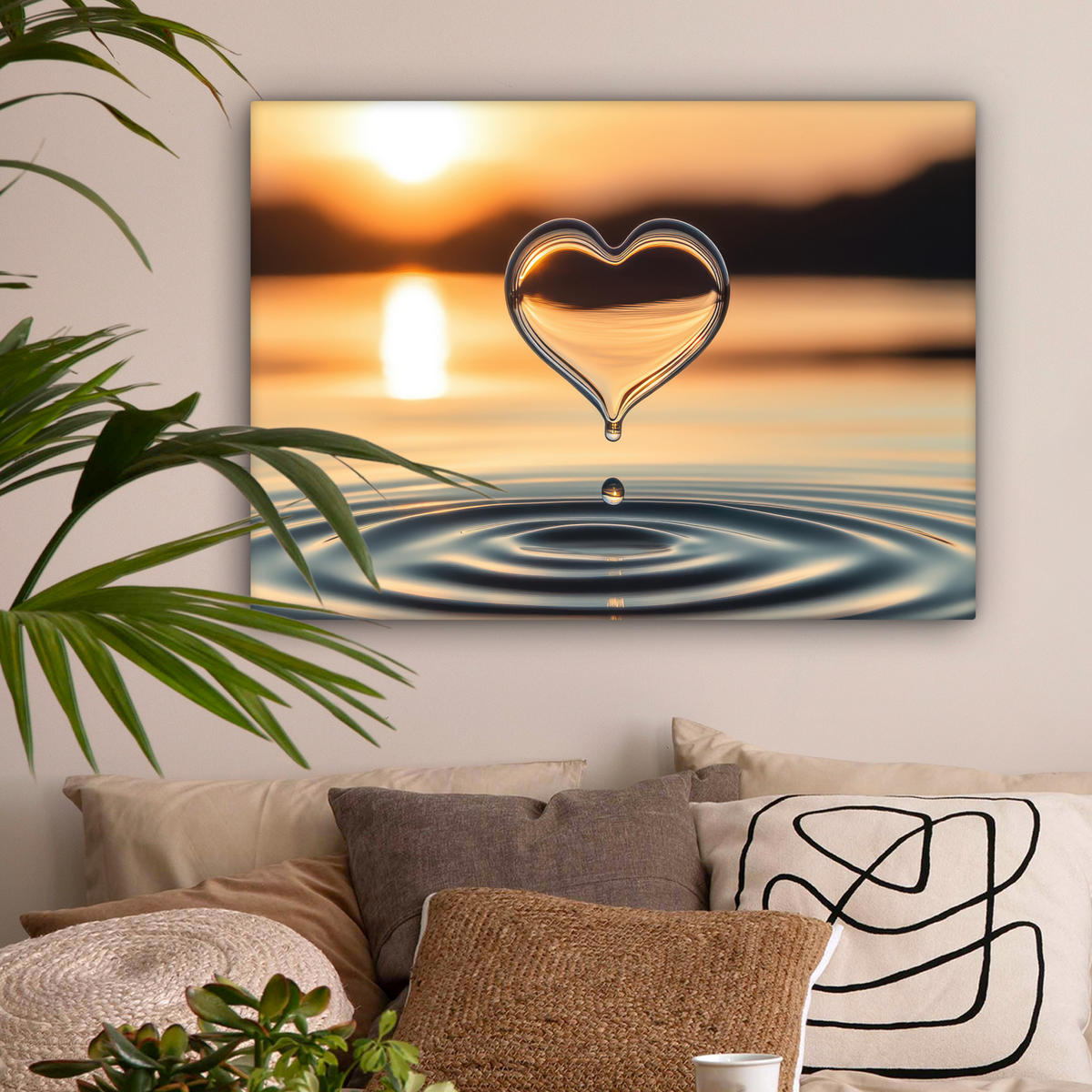 LEINWANDBILD - Herz - Wasser - Sonnenuntergang - Natur - Zen - 80x60 - Malerei - Bernsteinfarben, Textil (80/60cm) - MuchoWow