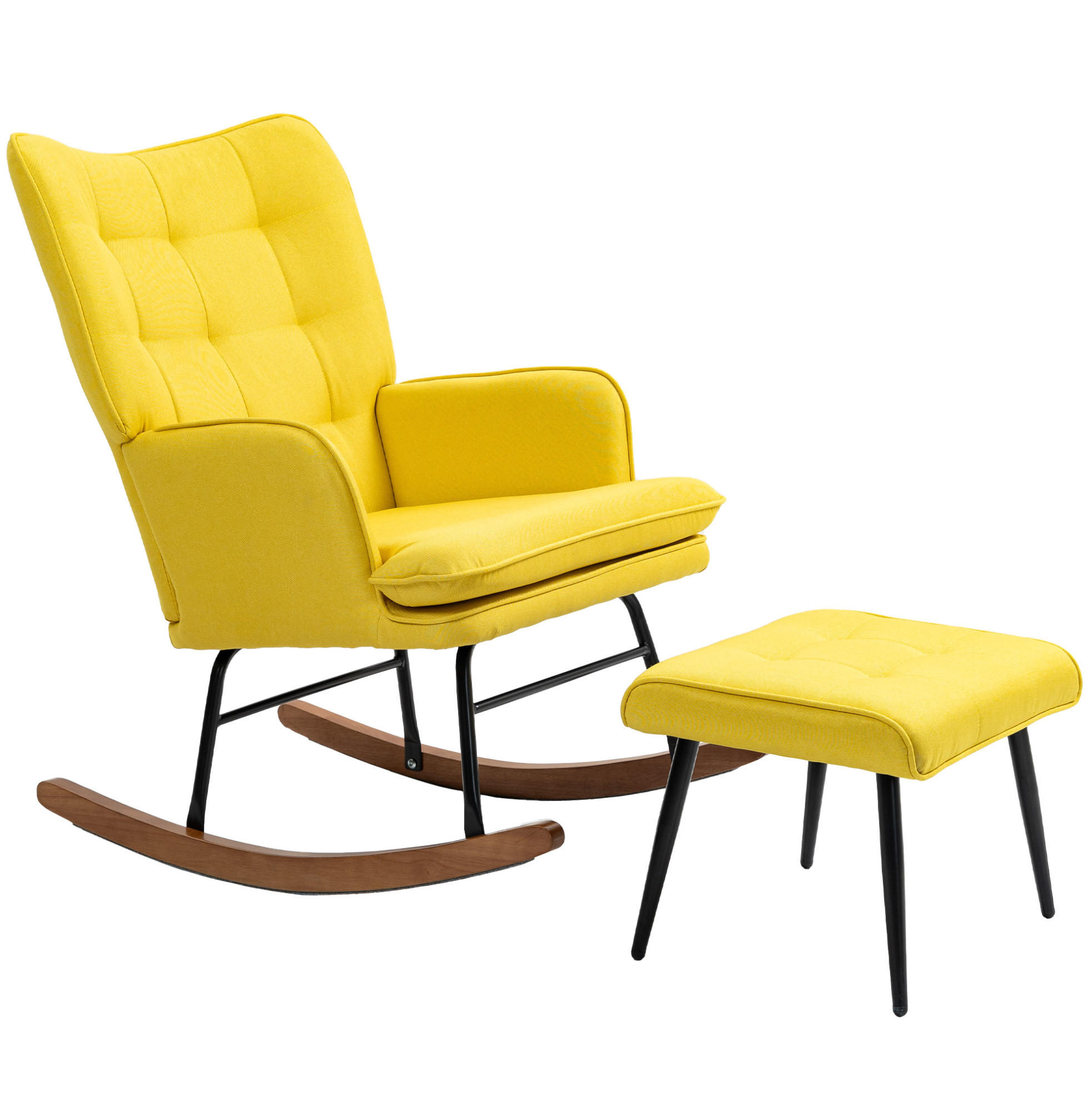 SCHAUKELSTUHL 64/89/90 cm mit Hocker, hoher Rückenlehne und Polsterung - Gelb, Textil (89/90/64cm) - BEAOK