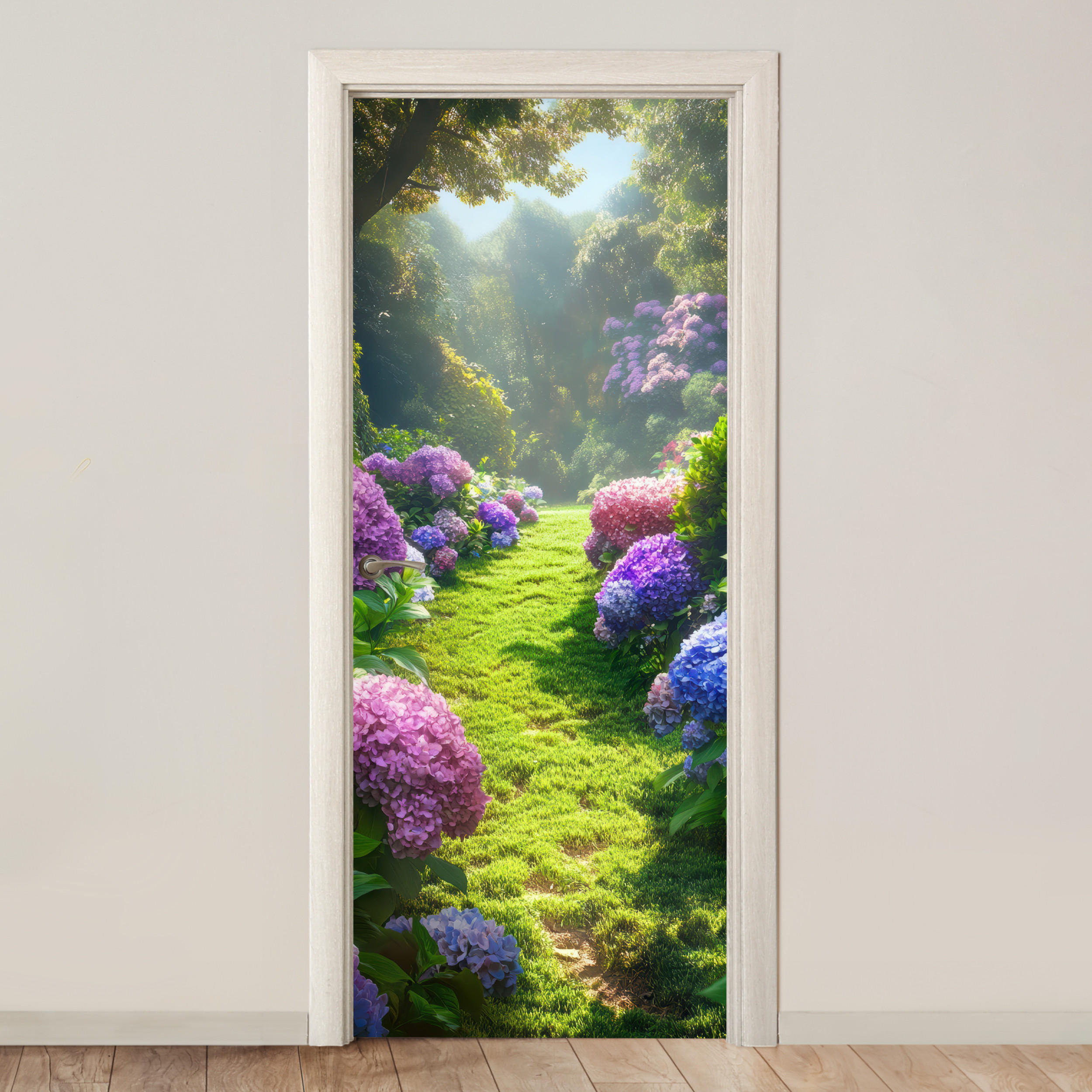 TÜRAUFKLEBER Selbstklebend - Natur - Hortensie - Blumen - Grün 95x215 cm - Türtapete - Hellgrün, Kunststoff (95/0.1cm) - MuchoWow