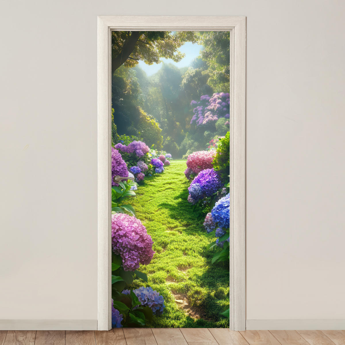 FOTOTAPETE Tür - Natur - Hortensie - Blumen - Grün 80x205 cm - Hellgrün, Kunststoff (80/0.1cm) - MuchoWow