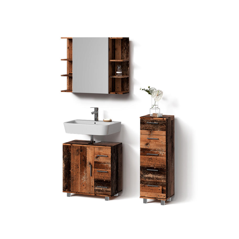 BADMÖBEL-SET Eisak Eiche rustikal 3 Teile, mit Midischrank - Wildeiche, Holzwerkstoff (60/60/33cm) - Livinity®