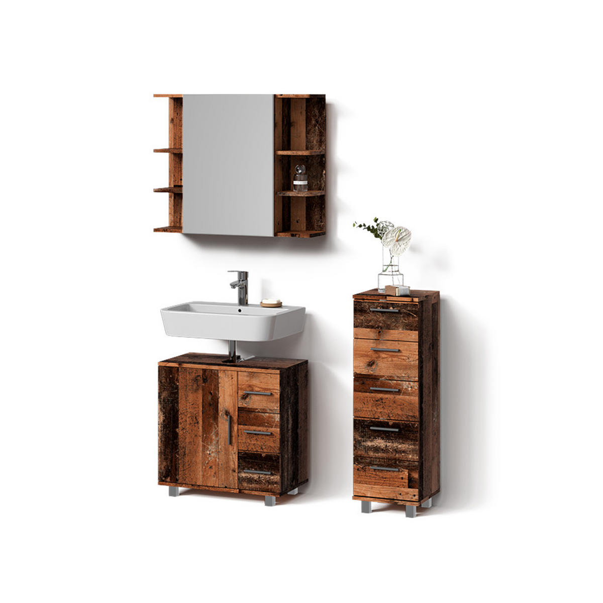 BADMÖBEL-SET Eisak Eiche rustikal 3 Teile, mit Midischrank - Wildeiche, Holzwerkstoff (60/60/33cm) - Livinity®