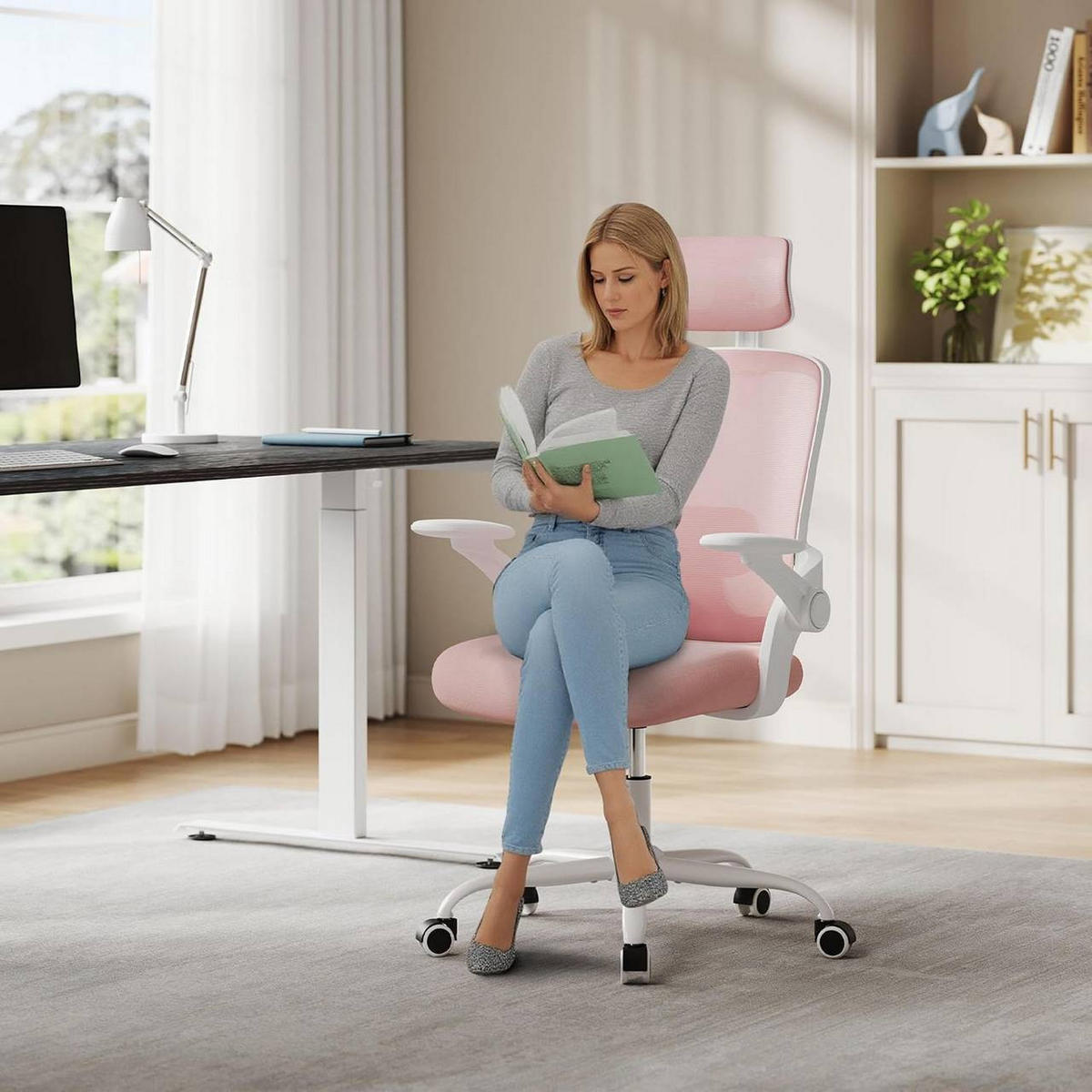 DREHSTUHL mit Wippfunktion, Netzstoff, Rosa - Rosa, Kunststoff/Textil (63.5/109.5/50cm) - Woltu