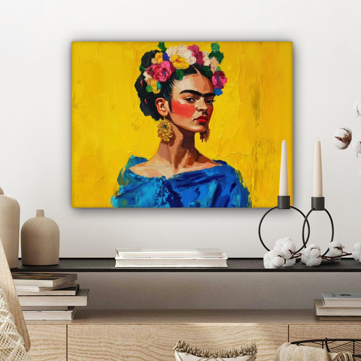 LEINWANDBILD Frida Kahlo - Frau - Gelb - Blau - Blumen 40x30 cm - Gelb, Textil (40/30cm) - MuchoWow