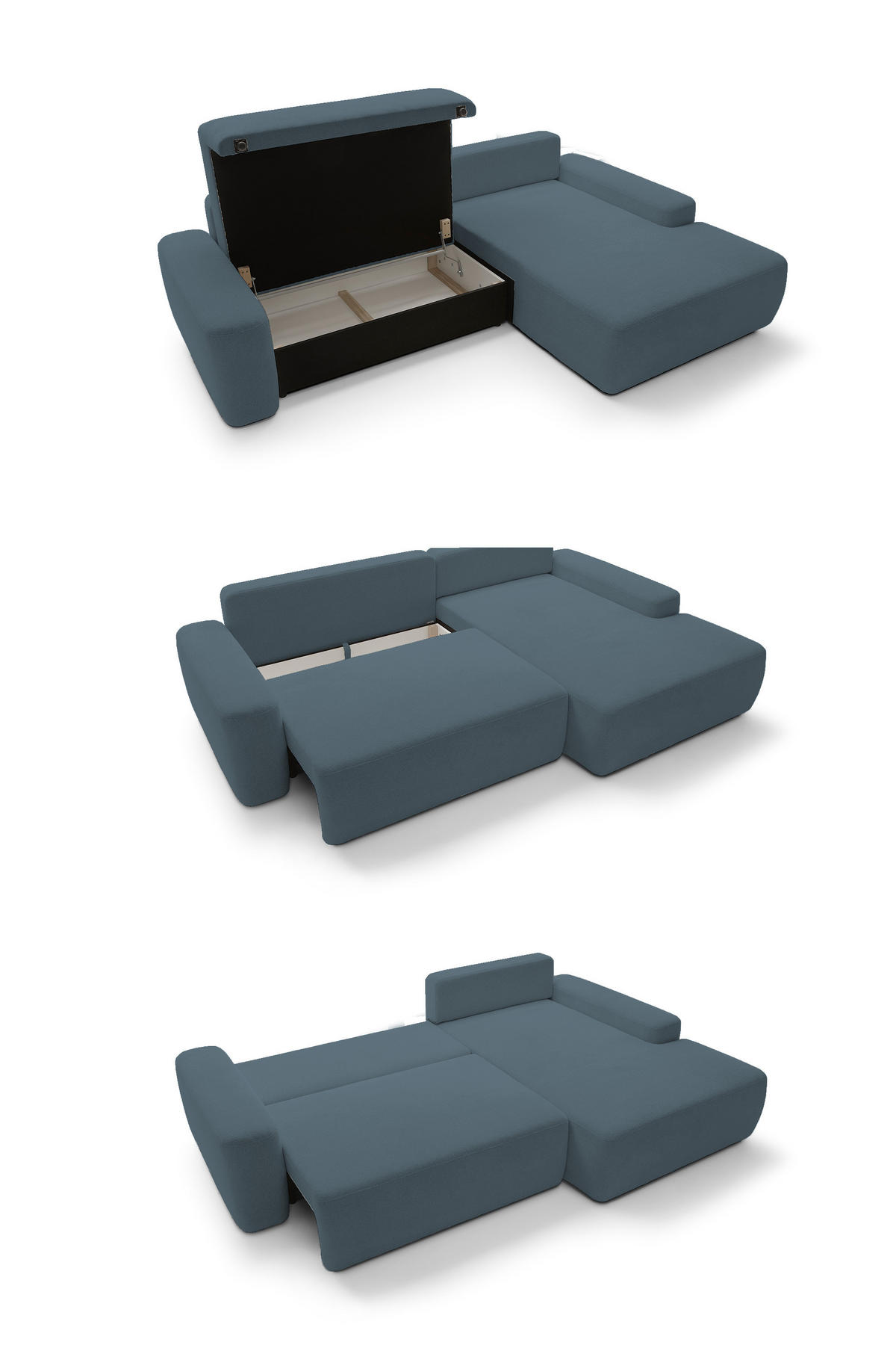 ECKSOFA BOULI 4-Sitzer Polstersofa Raven mit Schlaffunktion 130x210 cm Bettzeugcontainer 264x162x82 cm rechts, Farbe: Seegrün - Smaragdgrün, Holz/Textil (264/162cm) - DomoHome