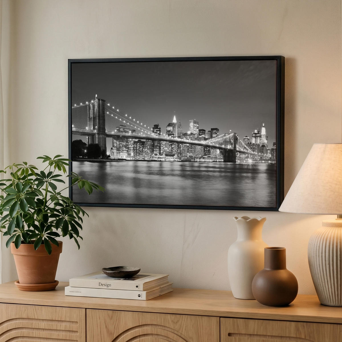 LEINWAND Bilder mit Rahmen - New York - Brücke - Brooklyn - Schwarz und weiß - Architektur - 60x40 - Schwarz, Textil (60/40cm) - MuchoWow