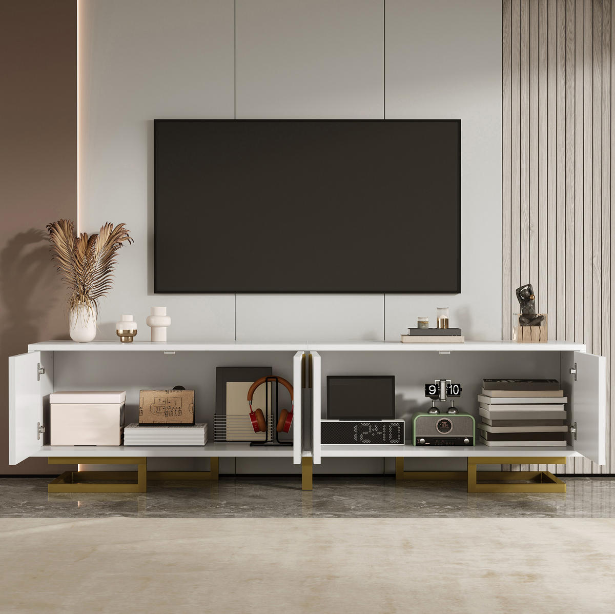 TV-ELEMENT mit 4 Türen 160 cm Weiß mit goldfarbenen Details - Weiß, Holzwerkstoff (38/44.5/160cm) - Beauniv