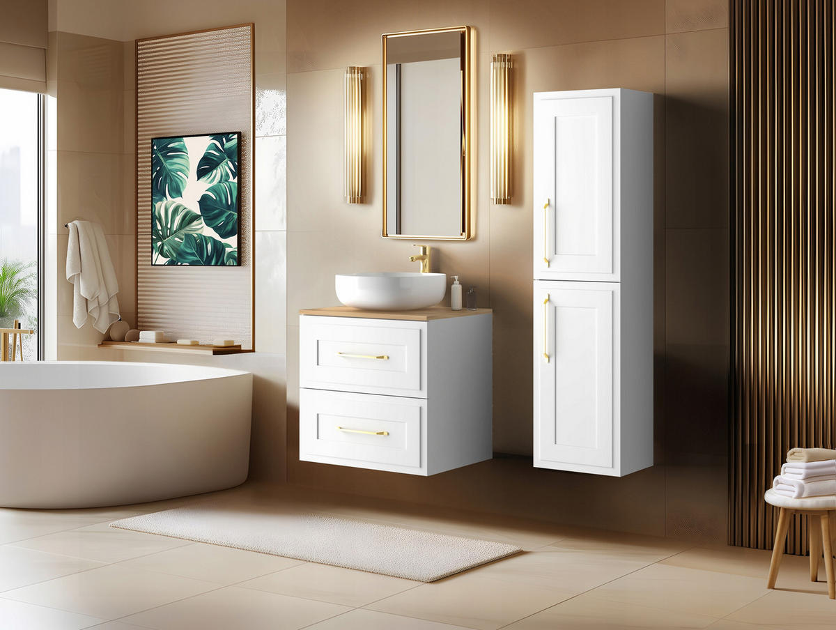 WASCHBECKUNTERSCHRANK + HÄNGESÄULE CLASSIC 60cm Mattwitte - Weiß, Holzwerkstoff (60/58/46cm) - Rodan