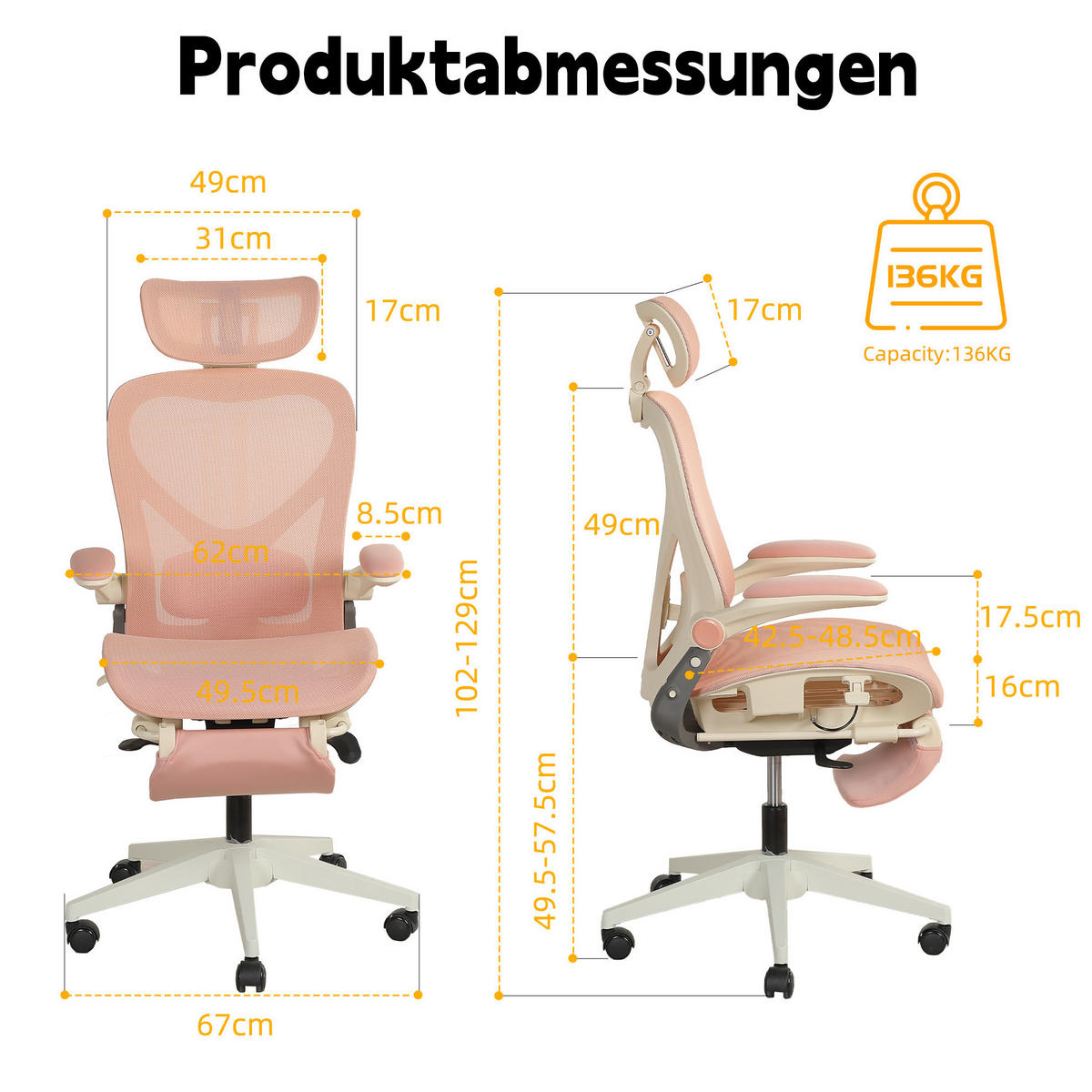 DREHSTUHL 67/67/129 cm pink aus Mesh mit klappbarer Rückenlehne und Taillenstütze - Pink, Textil (62/129/48.5cm) - OKWISH