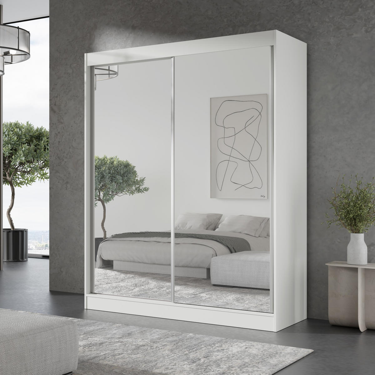 SCHIEBETÜRENSCHRANK mit Spiegel Como 2D2L 150 Weiß - Silberfarben/Weiß, Holzwerkstoff/Metall (150/201/65cm) - mzm24