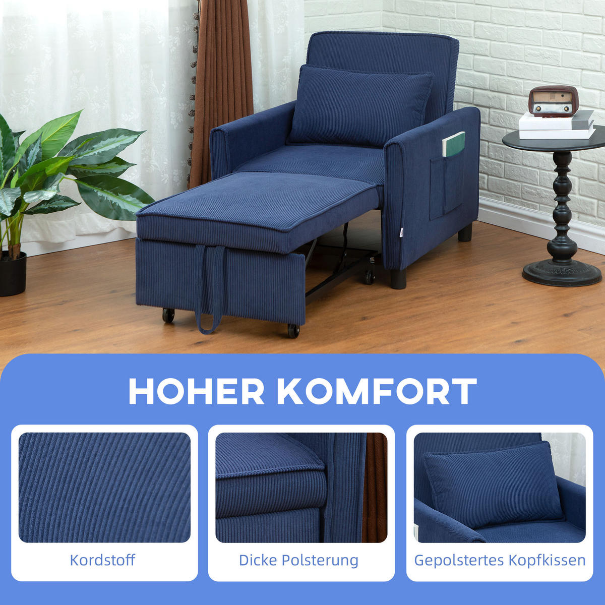 SCHLAFSESSEL, 3-in-1 , Kord, Blau - Blau, Kunststoff (84/81/74cm) - HOMCOM