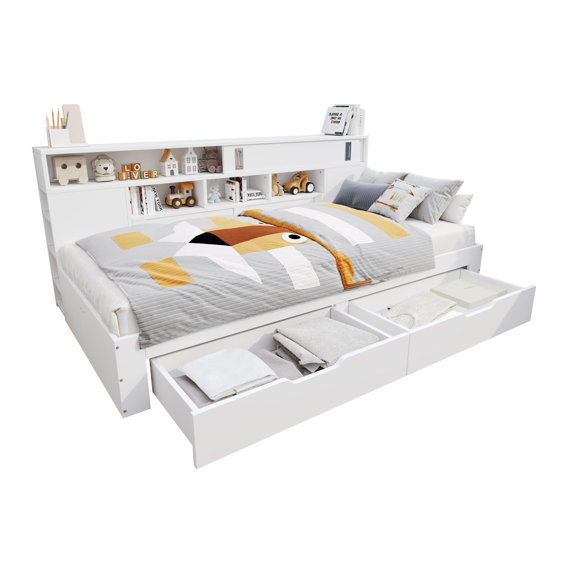 KINDER-TAGESBETT 90/190 cm Weiß aus MDF mit 2 Schubladen, Schiebetüren und Regalen - Weiß, Holzwerkstoff (90/190cm) - OKMYHOME
