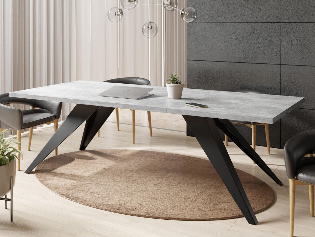ESSTISCH Vance rechteckig ausziehbar, Grauer Beton 160-260/90/76 cm - Hellgrau/Schwarz, Holzwerkstoff/Metall (160/90/76cm) - WFL GROUP