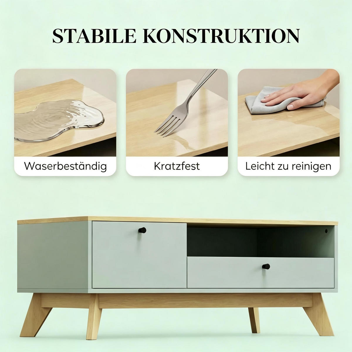 COUCHTISCH rechteckig Hellgrün/Eichenoptik mit Schublade - Eichefarben/Grün, Holzwerkstoff (100/50/40cm)