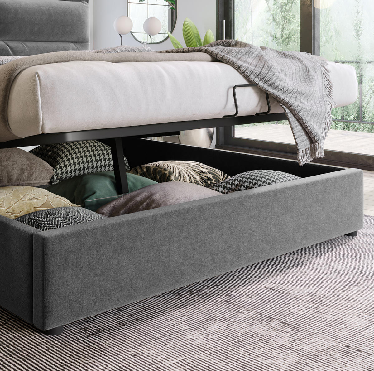 POLSTERBETT 140/200 cm grau mit hydraulischem Bettkasten und verstellbarem Kopfteil - Grau, Textil (140/200cm) - OKWISH