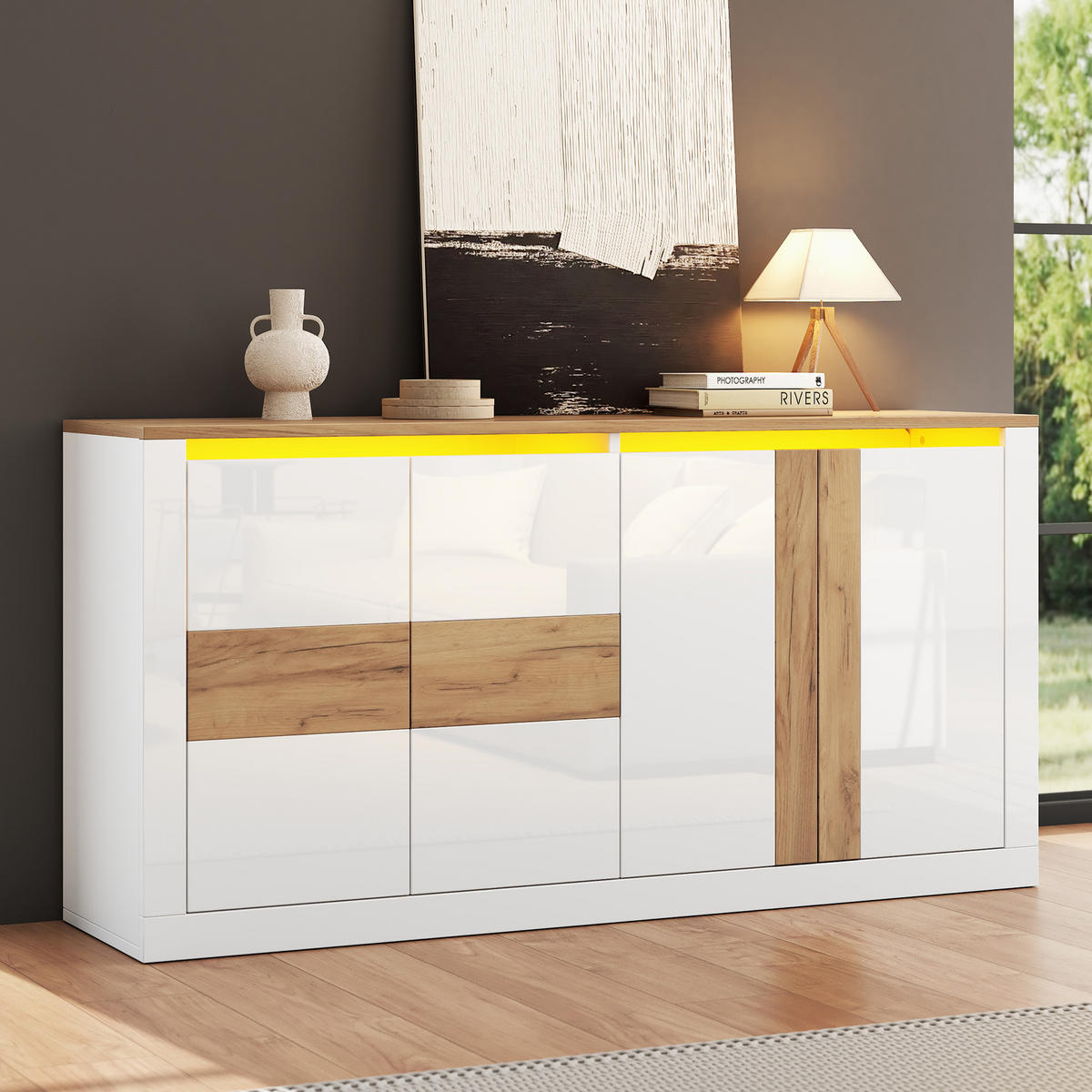 SIDEBOARD 140x35x70cm Weiß Eiche mit RGB LED und 4 Türen - Weiß/Naturfarben, Holzwerkstoff (140/70/35cm) - FLIEKS