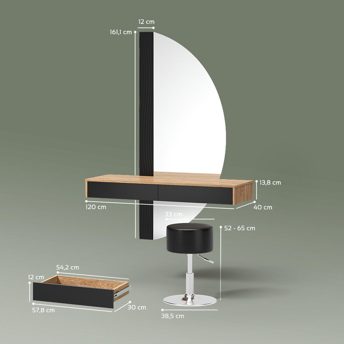 SCHMINKTISCH Ascona Schwarz mit Beleuchtung und Hocker - Eichefarben/Schwarz, Holzwerkstoff (120/161.1/40cm) - Livinity®