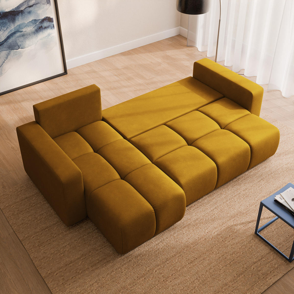 ECKSOFA RAMIL Gelb Plüsch-Stoff mit Schlaffunktion - Gelb, Holz (240/149cm) - MASSENO