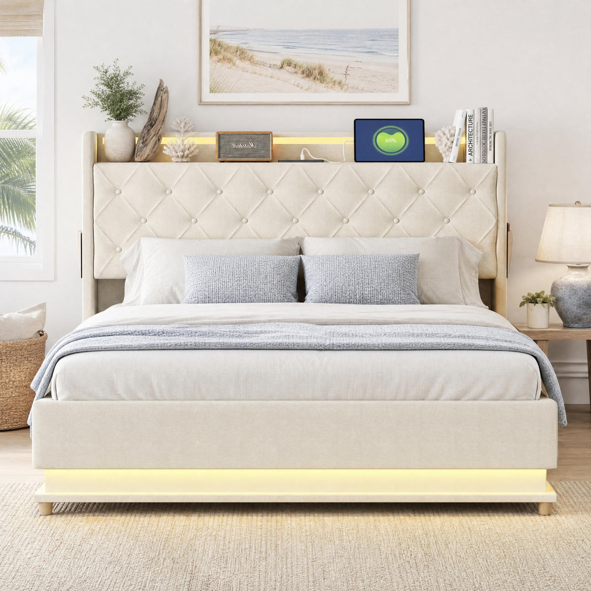ČALOUNĚNÁ POSTEL 140/200 cm v béžové barvě s LED, USB a úložným prostorem - béžová, kov/kompozitní dřevo (140/200cm) - CHICFURN
