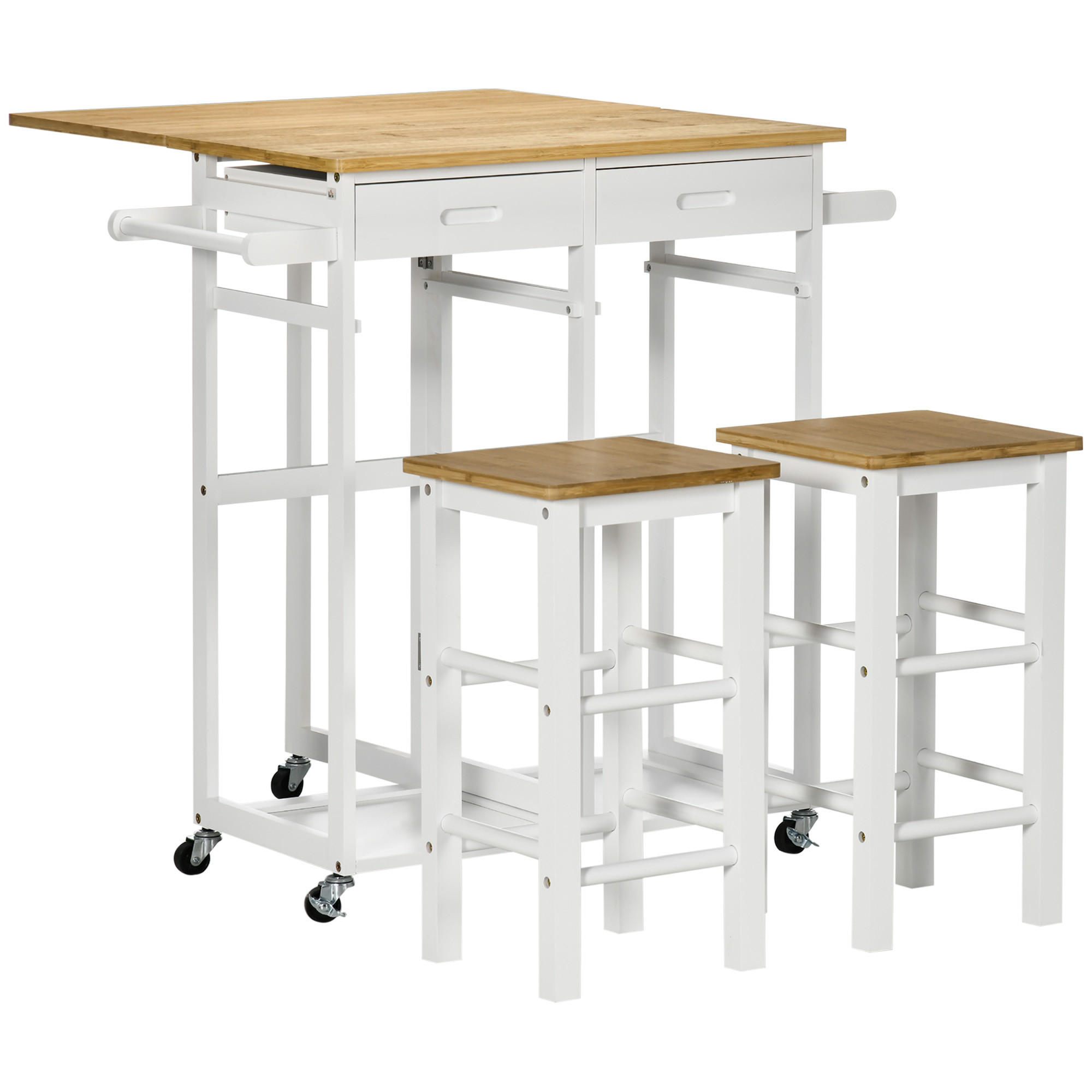BARTISCH-SET DE-14713 klappbar mit Rollen & 2 Hockern Weiß/Hellholz - Weiß, Metall (86/75.5/83.5cm) - ComfortXL