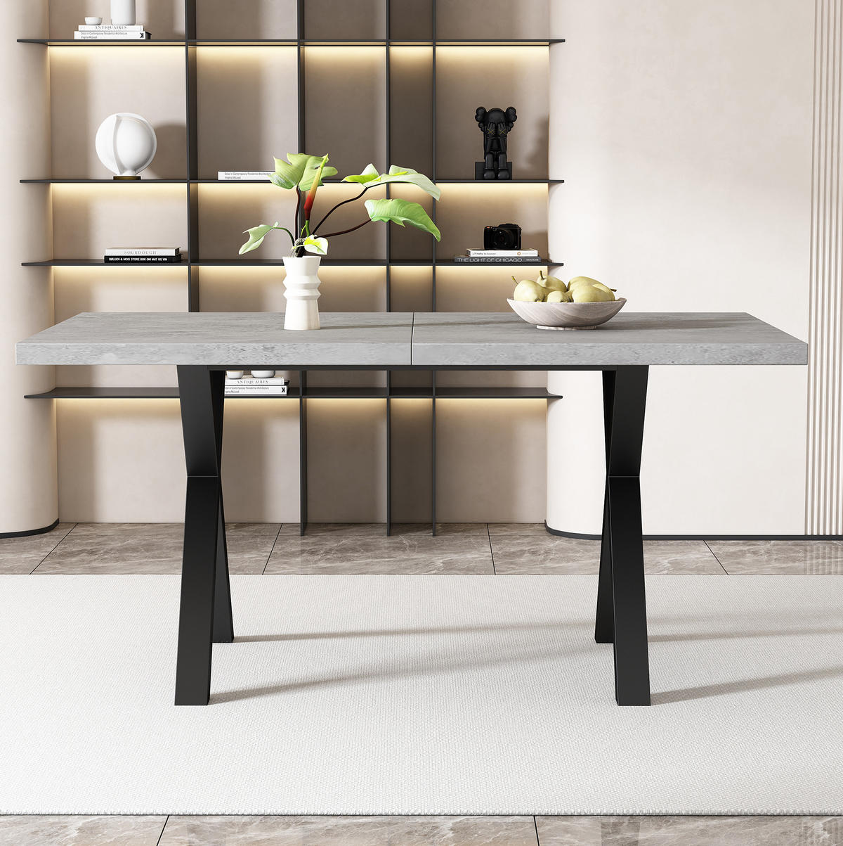 JEDÁLENSKÝ stôl, 140/80/76 cm, MDF v betónovom dekore a čierny kov - sivá, kompozitné drevo (140/80/76cm) - BEAOK