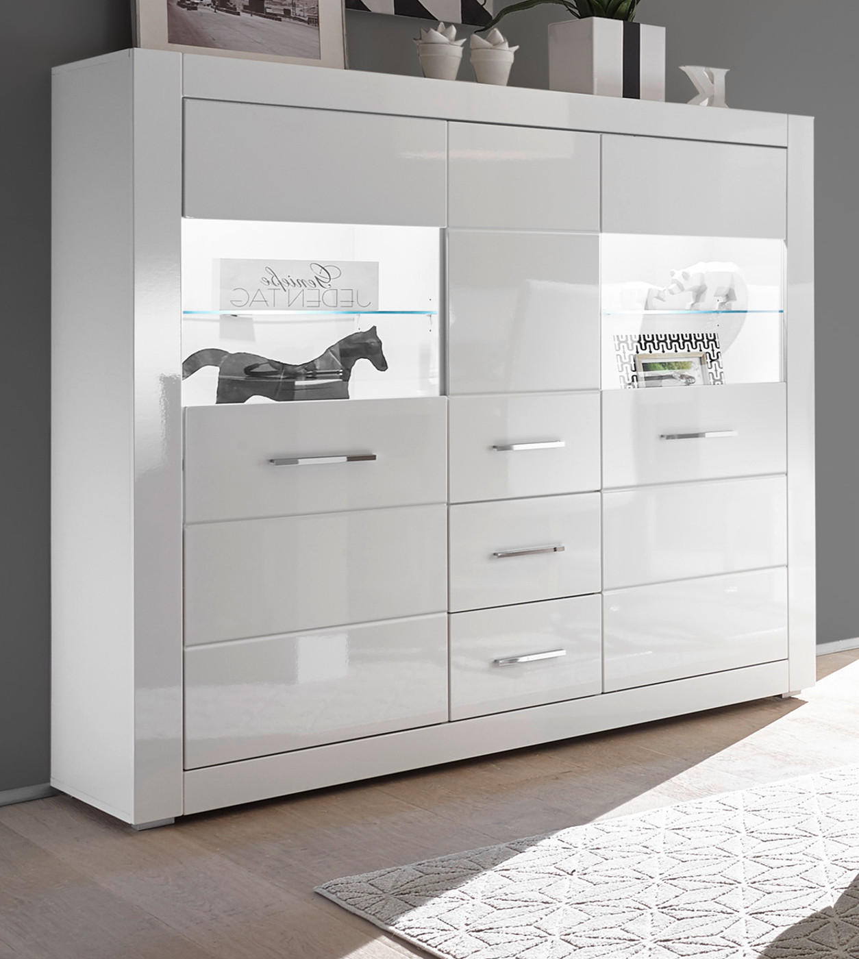 HIGHBOARD weiß Hochglanz 149 cm, Kommode mit viel Stauraum - Chromfarben/Weiß Hochglanz, Holzwerkstoff/Kunststoff (149/142/42cm) - Furn.Design