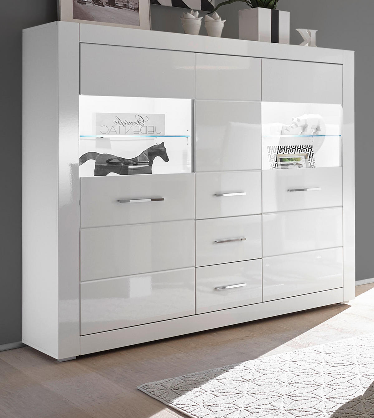 HIGHBOARD weiß Hochglanz 149 cm, Kommode mit viel Stauraum - Chromfarben/Weiß Hochglanz, Holzwerkstoff/Kunststoff (149/142/42cm) - Furn.Design