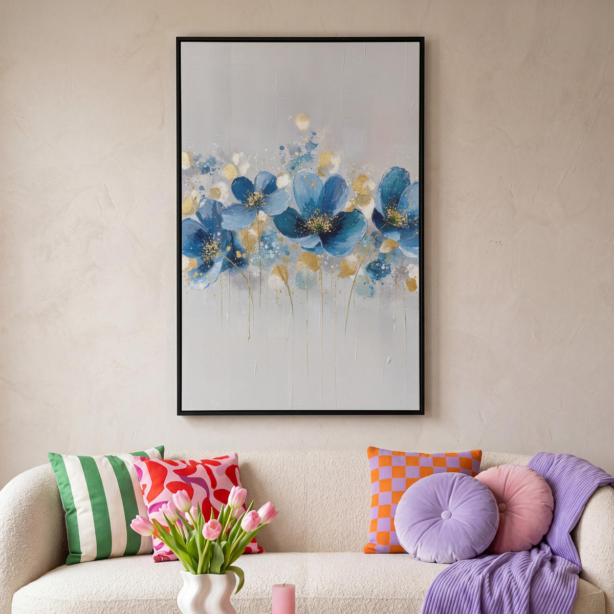 LEINWAND Bilder mit Rahmen - Blumen - Blau - Abstrakt - 80x120 - Hellgrau, Textil (80/120cm) - MuchoWow