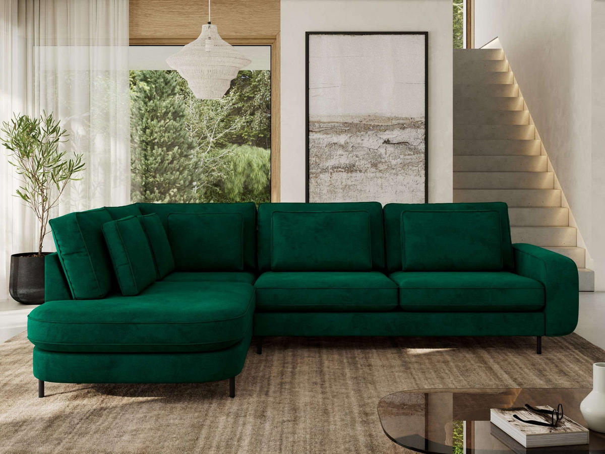 ROHOVÁ SEDAČKA CALENO L - Zelený Samet - Pravá Strana - černá/tmavě zelená, kov/textil (317/225cm) - MKS