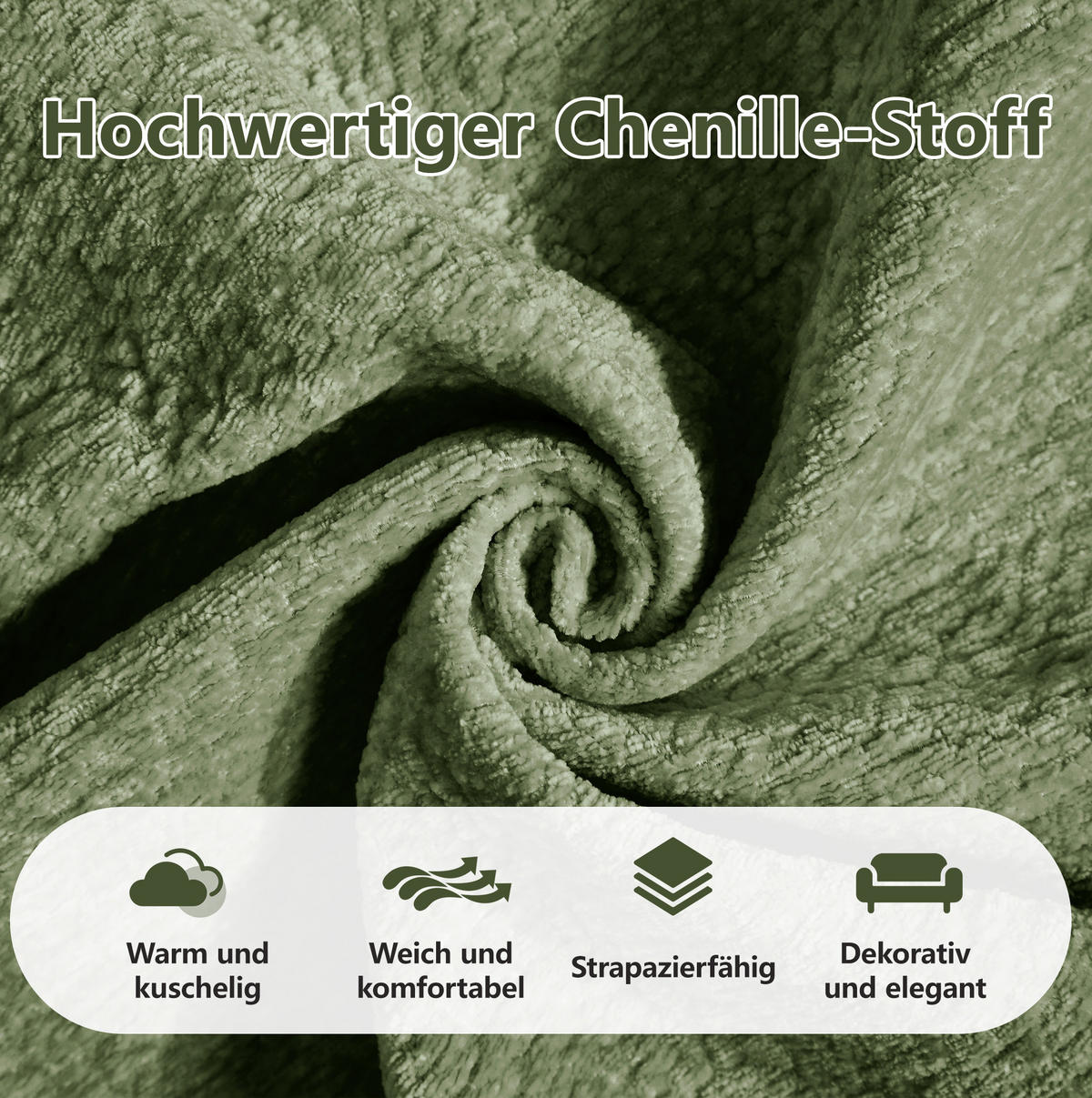 SOFA 260/149/90 cm in Grün aus Chenille mit Ottomane und 2 Kissen - Grün, Textil (149/90/260cm) - Flora Grace