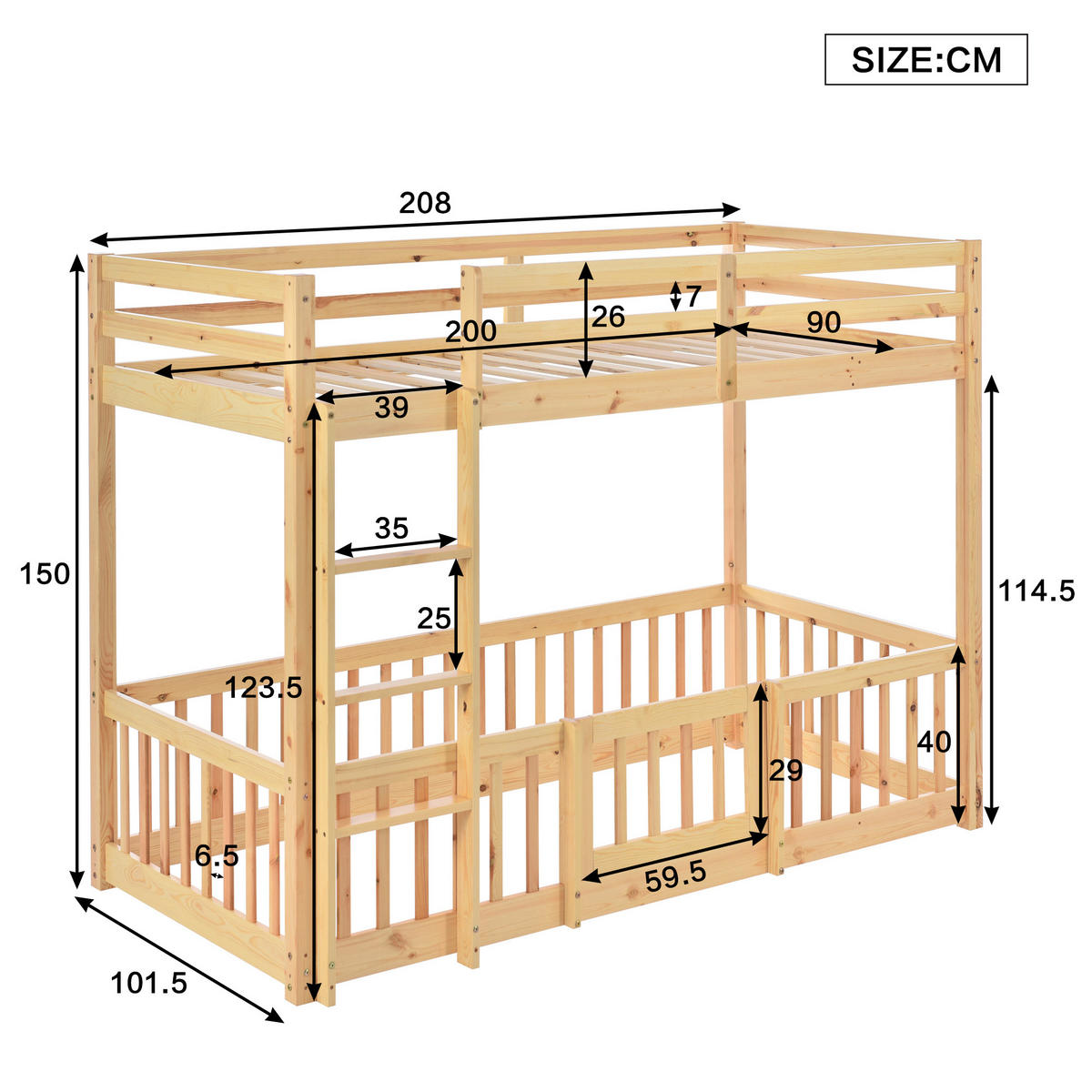 ETAGENBETT 90x200 cm, mit Schutzgeländer & rechtwinkliger Treppe, Massivholz, Natur - Naturfarben, Holz (90/200cm)