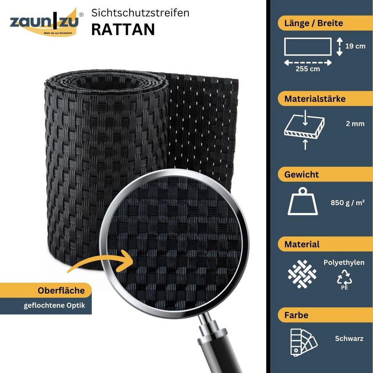 SICHTSCHUTZSTREIFEN Rattan Einzelstreifen für Doppelstabmatten Schwarz 2,55m - Schwarz, Kunststoff (255/19cm) - ZAUN|ZU