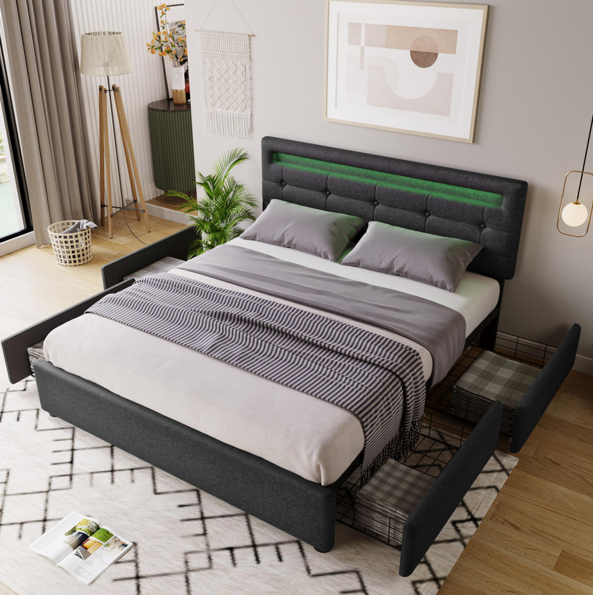 ČALÚNENÁ posteľ z ľanu 140x200 cm sivá s LED osvetlením, 4 zásuvkami a matracom - sivá, textil (140/200cm) - Modfu