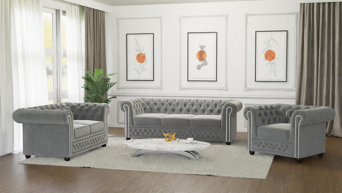CHESTERFIELD-SOFA 3-Sitzer mit Schlaffunktion Nyx Grau Samt - Braun/Grau, Holz/Textil (203/28/86cm) - S-Style Möbel