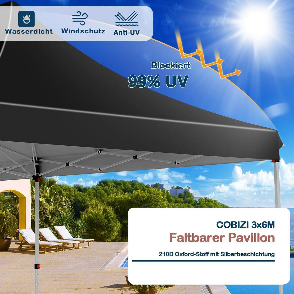 FALTPAVILLON 3 x 6 m Schwarz Wasserdicht UV50+ - Schwarz, Textil (300/300/600cm)