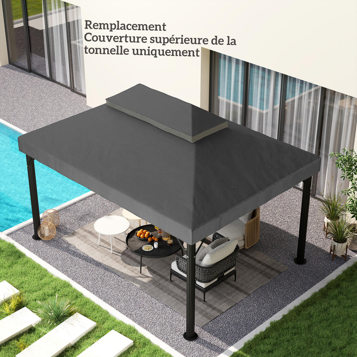 ERSATZDACH, 4x3 m für Pergola, Doppeldach, Polyester 370 g/m², grau, Ablauflöcher - Multicolor, Textil (400/300cm) - FORIOUS