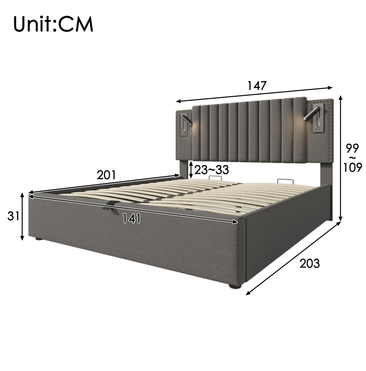 POLSTERBETT 140/200 cm aus Baumwolle mit Bettkasten, Matratze, Leselicht, USB- und USB-C-Anschlüssen, höhenverstellbarem Kopfteil, Grau - Grau, Textil (140/200cm) - Redom