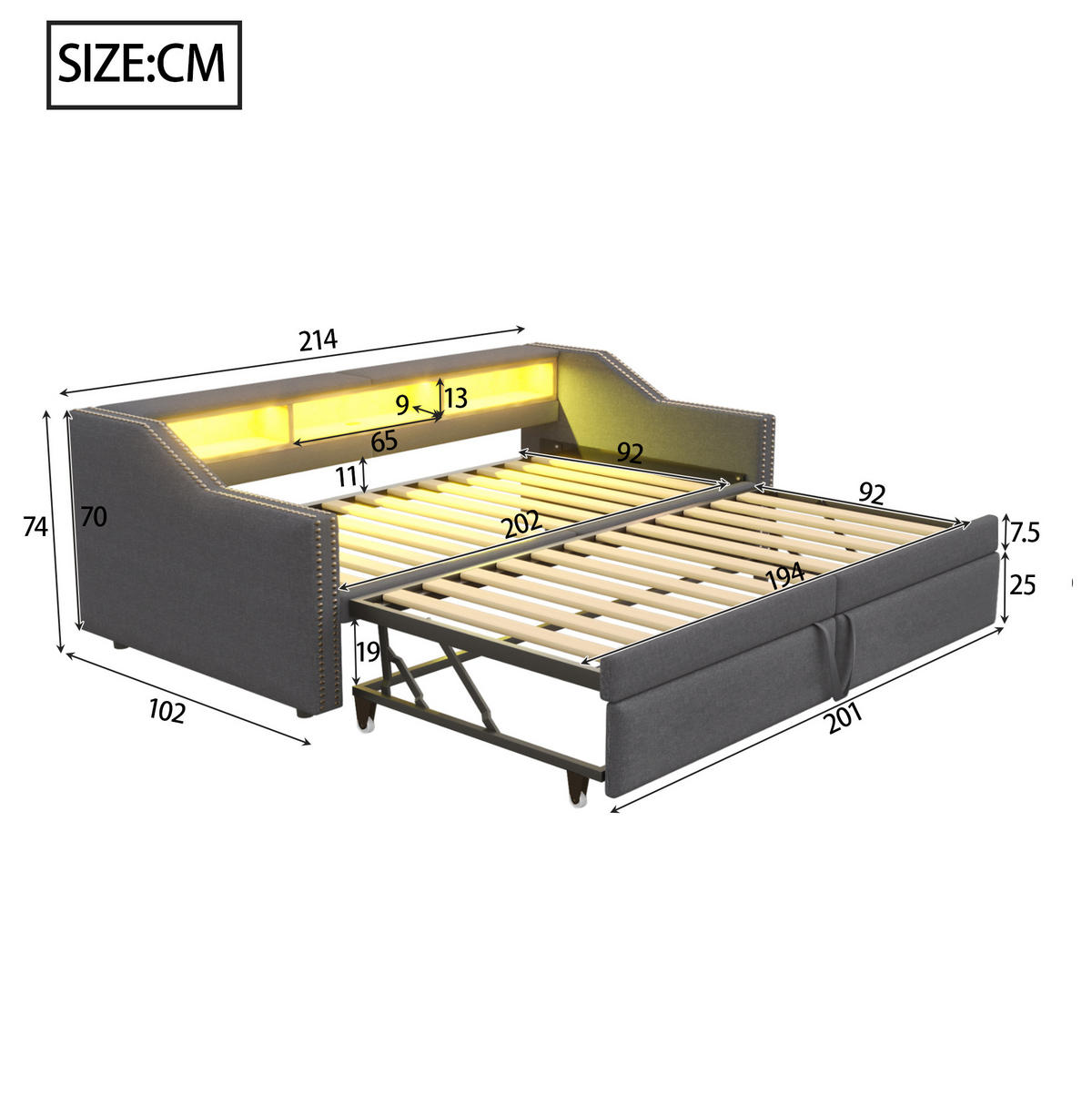 SCHLAFSOFA 90/200 cm mit Ausziehbett, LED, USB und 3 Ablagefächern, Dunkelgrau - Dunkelgrau, Textil (102/74/214cm) - Redom