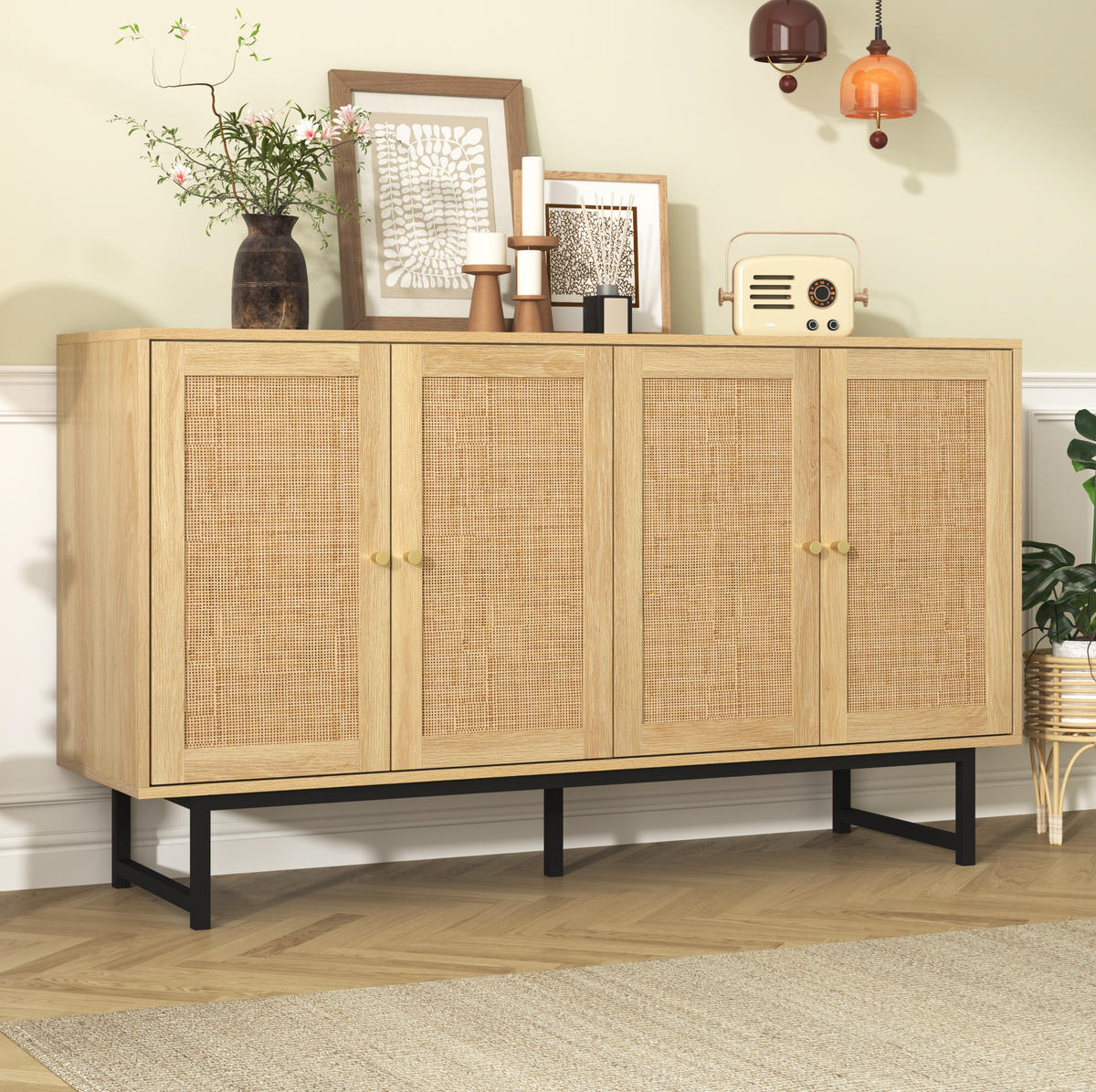 SIDEBOARD aus Spanplatte 140x39,5x80 cm Holzfarben mit Rattangeflecht und 4 Türen - Naturfarben, Holzwerkstoff (140/80/39.5cm) - IVMEU