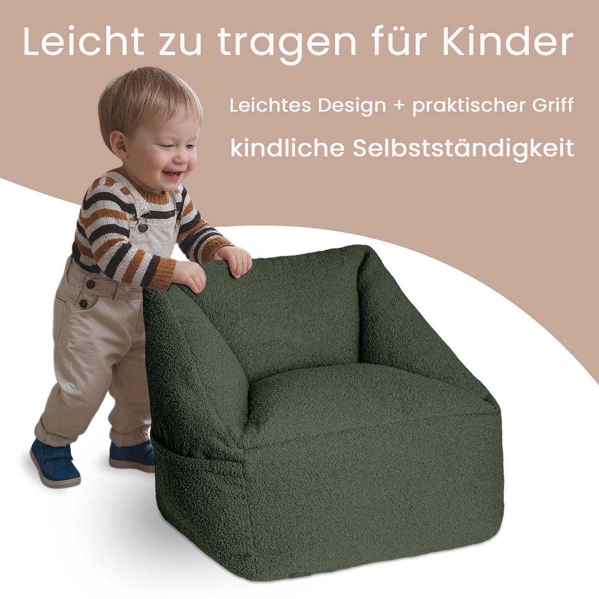 SITZSACK-SESSEL Bambino 55/60/55 cm, weicher Bouclé 315 g/m², mit Griff & Seitentasche, Grün - Grün, Textil (55/55/60cm) - Dreamroots