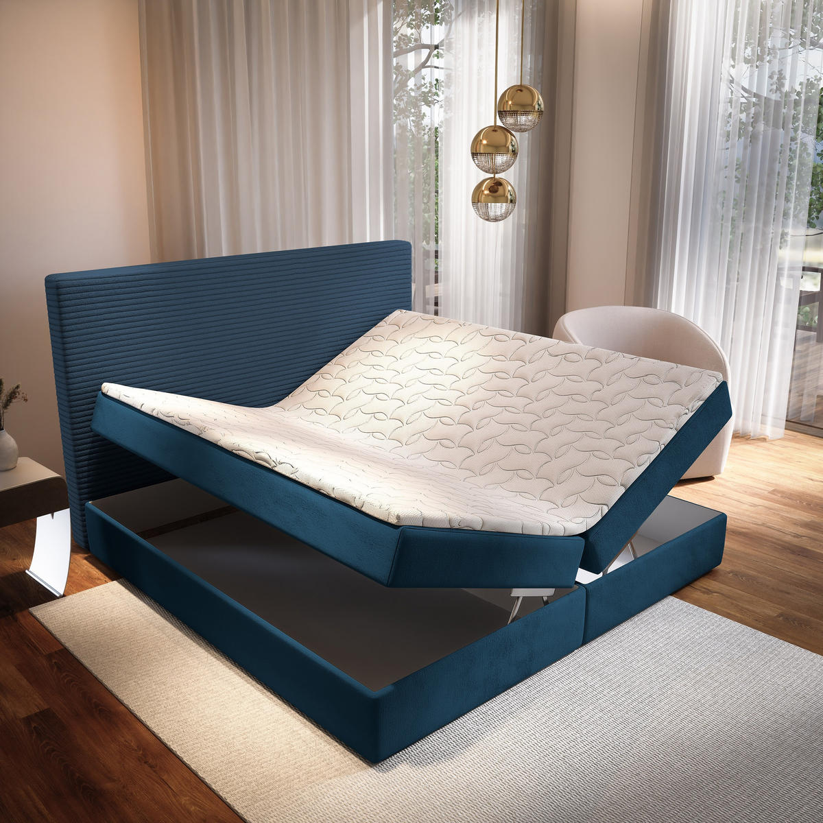 BOXBETT GIARRO 140x200 cm mit Matratze und Topper - Blau - Blau, Holz (140/200cm) - MASSENO