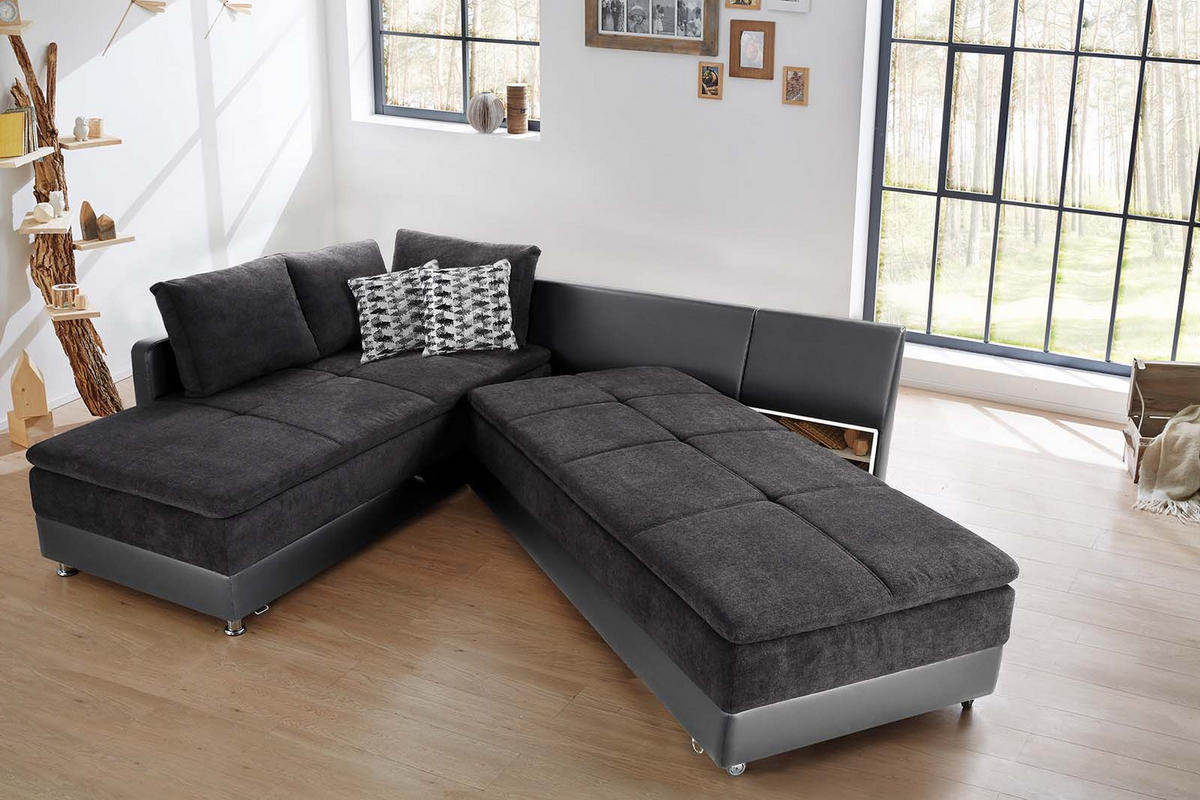 ECKSOFA-DAUERSCHLÄFER Doppelbett Boxspring Federkern Topper, Schwenkteil rechts B306/T223/H95 cm, Kunstleder Grau+Mikrofaser Anthrazit / 15106 - Chromfarben/Anthrazit, Textil/Metall (306/223cm) - luma-home