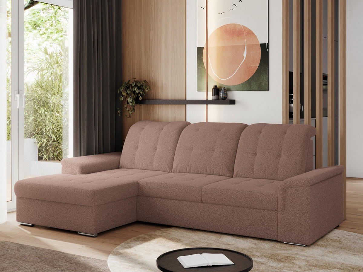 ECKSOFA MADRITO L - Rosa Boucle - Links - Silberfarben/Rosa, Textil/Metall (160/256cm)