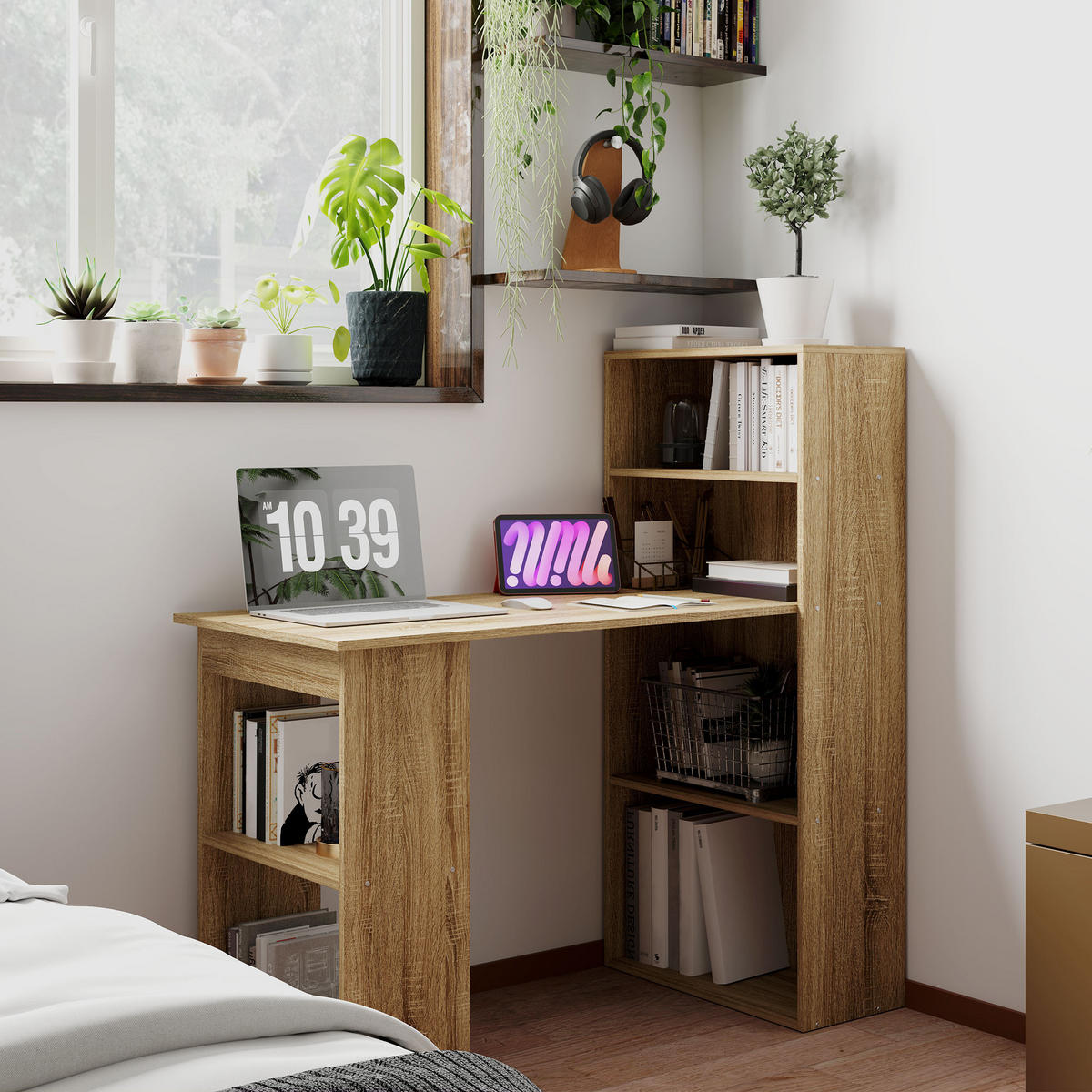 SCHREIBTISCH Eicheoptik und Weiß mit integriertem Regal 120/55/120 cm - Eichefarben, Holz (55/120/120cm) - PANGIVO