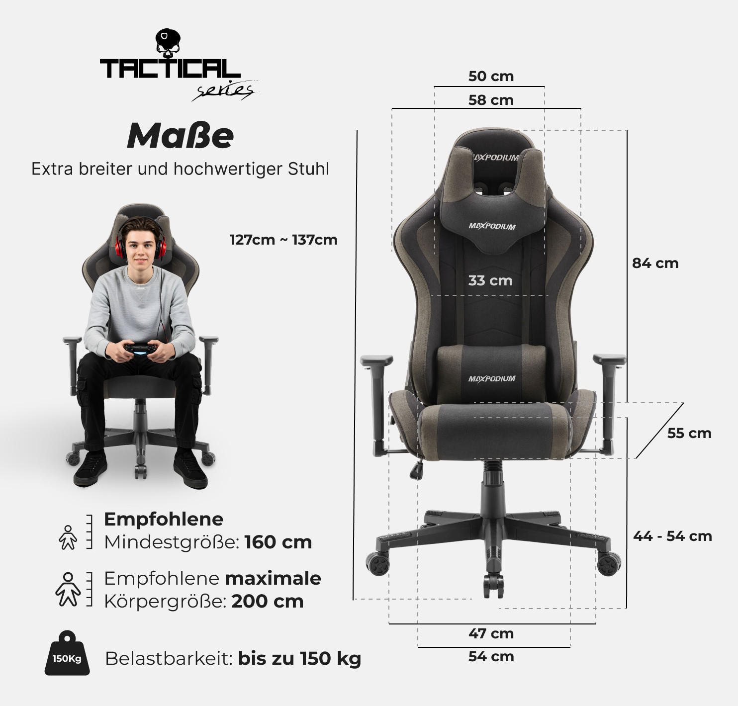 GAMING-STUHL Tactical Grau - Dunkelgrau/Grau, Textil/Metall (55/137/50cm) - MaxPodium