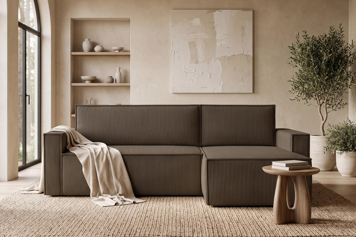 ECKSOFA-LINKS/RECHTS NAPI Schlaffunktion mit Cordbezug, braun - Schwarz/Braun, Textil (246/148cm) - KONSIMO®